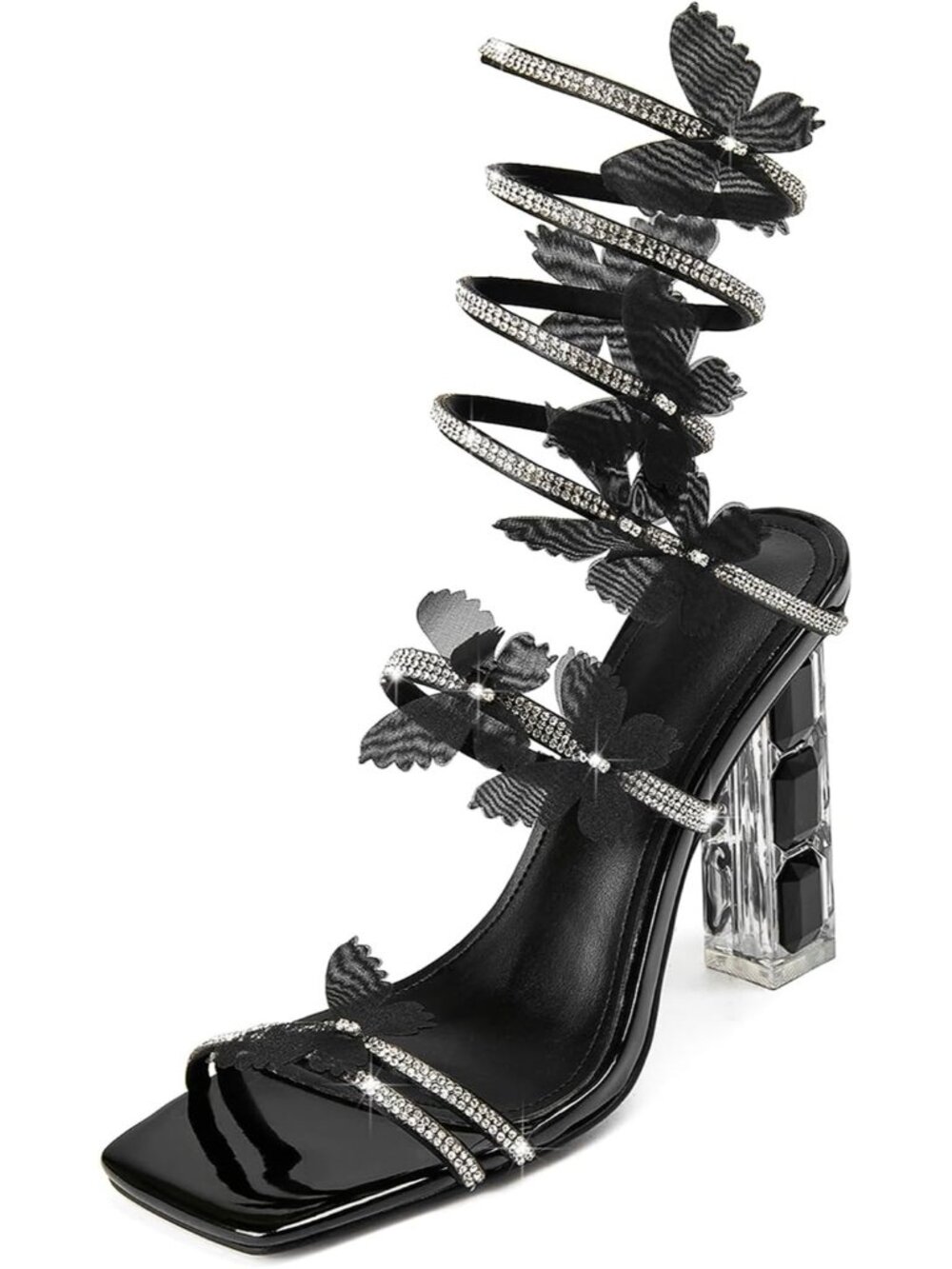 🆕Women's Black Heels Square Toe Rhinestone Butterfly Prom Dressy Sandals